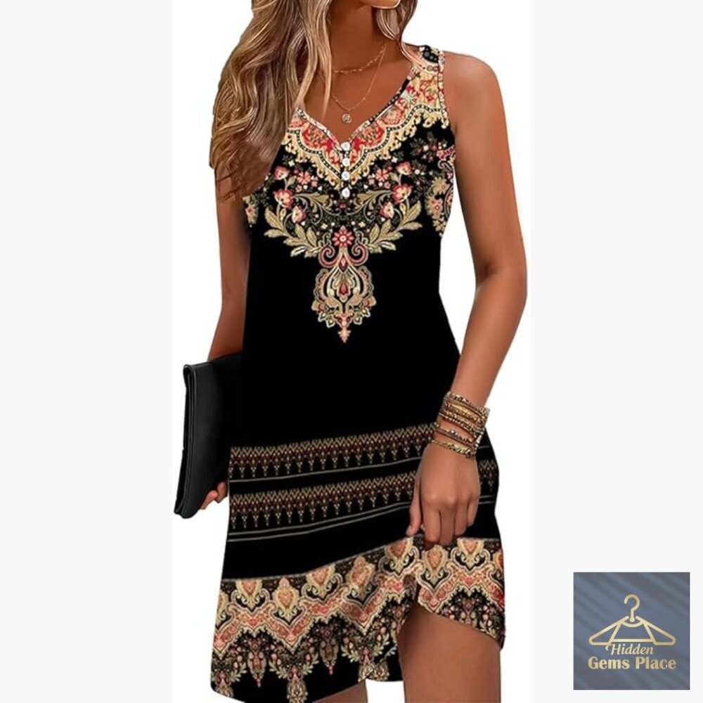 Floral A-Line Sundress Sleeveless V-Neck Casual Beach Dress